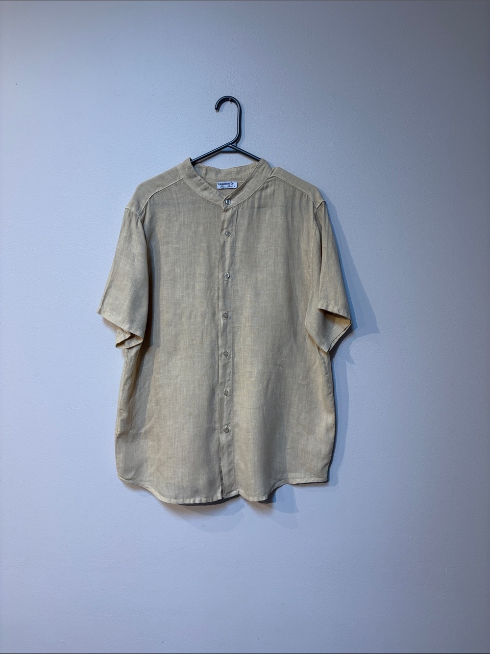 Men's Linen Short-Sleeve Band Collar Shirt in Beige